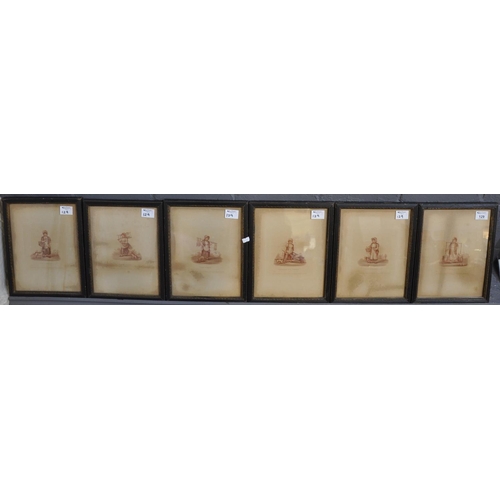 129 - Set of six early 19th Century sepia engravings featuring a young child as a street vendor, to includ... 