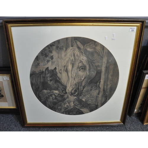 131 - Attributed to Sir Edwin Landseer, horses and a goat in a stall, pencil sketch. 59cm diameter approx.... 