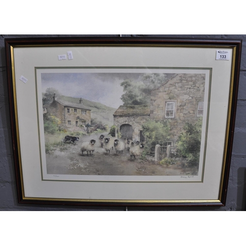133 - After Nancy Dyson, sheep and sheepdog on a village lane, limited edition coloured print no. 61/500, ... 