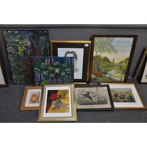 135 - Group of assorted furnishing pictures, paintings, portrait, unframed oil paintings, framed tapestry,... 