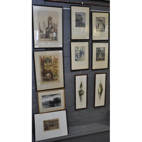 137 - After Sharland, French cathedrals, pair of etchings, together with an unknown watercolour, quayside,... 