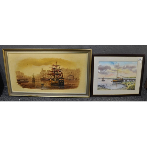 138 - Paddie, study of a moored vintage sailing yacht, signed, watercolours. Framed. Together with a W.H S... 