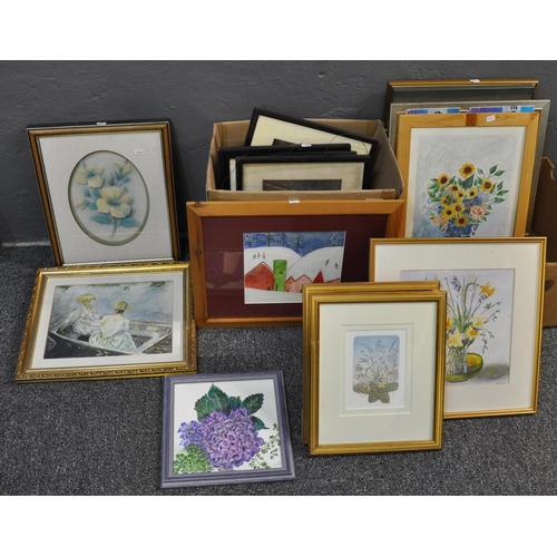 140 - Two boxes of assorted furnishing pictures and a number of larger pictures; Cries of London prints et... 
