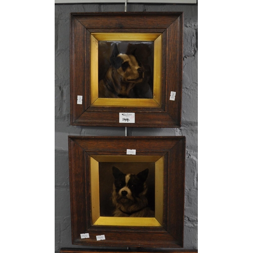 144 - Pair of Sherwin's patent lock backed tiles, glazed and decorated with studies of dogs, in original o... 