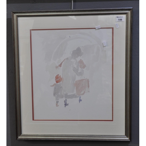 149 - Vera Bassett (Welsh 1912-1997), mother and children in rain, unsigned, watercolours. 42 x 37cm appro... 