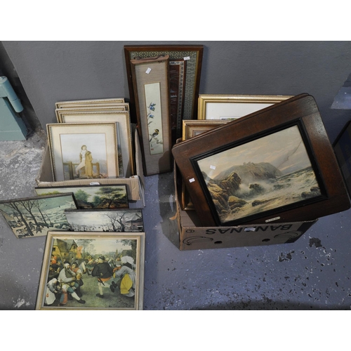 151 - Two boxes of assorted furnishing pictures; Japanese watercolour, Chinese embroidered sleeve, prints ... 