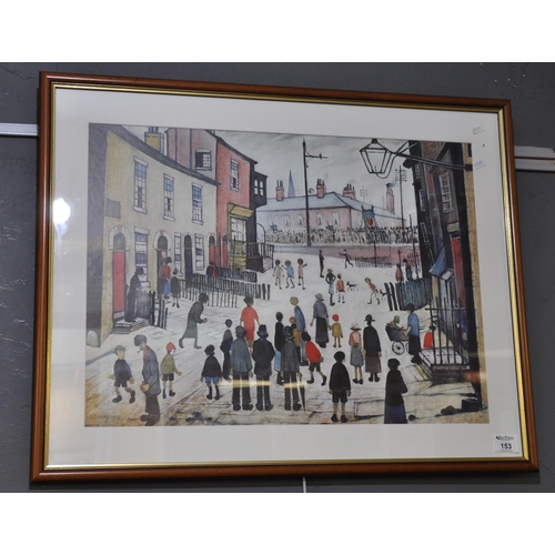 153 - After L.S  Lowry, street scene with passing parade, coloured print. 47 x 61cm approx, framed and gla... 