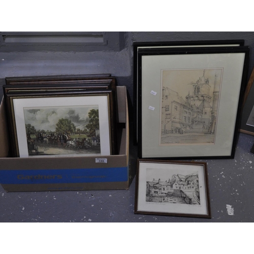 155 - Box of assorted furnishing pictures, coaching scenes, architectural studies, etc.
(B.P. 21% + VAT)