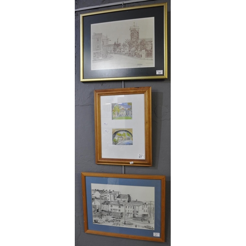 157 - Three pictures depicting Carmarthen street scenes including; Julian Brown, St Peter's Church (monoch... 
