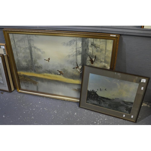 159 - G Knight, duck flighting, oils on canvas, signed, together with another similar print. (2)
(B.P. 21%... 