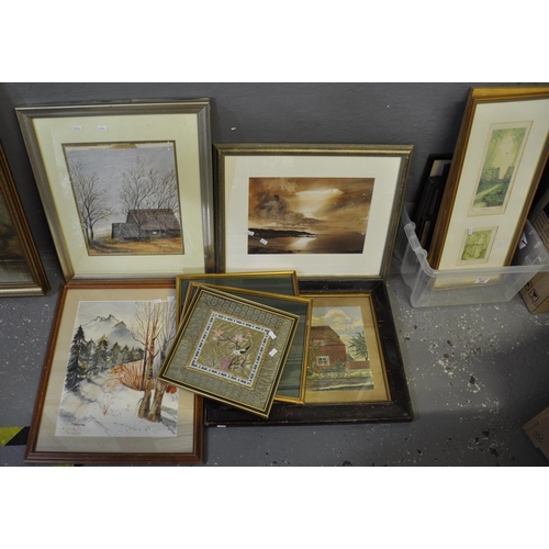 163 - Box of assorted furnishing pictures; prints, watercolours, Chinese embroidered panel etc. 
(B.P. 21%... 