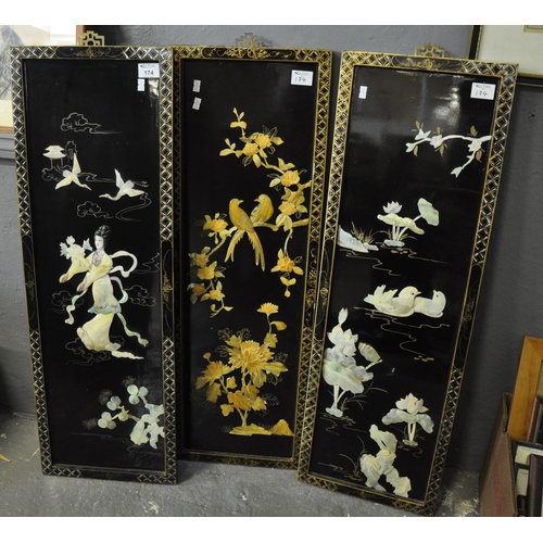 174 - Three Chinese style lacquered panels with simulated mother of pearl decoration. (3)
(B.P. 21% + VAT)