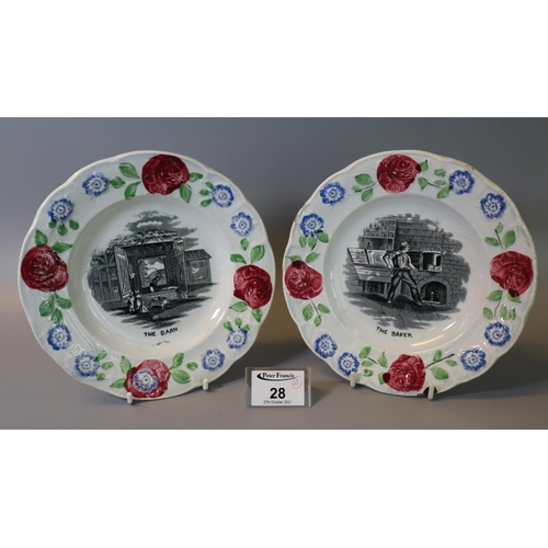 28 - Pair of 19th Century Llanelly plates, 'The Baker' and 'The Barn', 18cm diameter approx. 
(B.P. 21% +... 