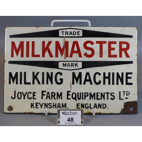 48 - Vintage enamel sign 'Milkmaster Mark Milking Machine, Joyce Farm equipments Ltd Keynsham, England'.
... 