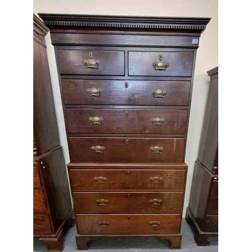 471 - 19th Century Welsh oak two stage chest on chest, the moulded and dental cornice above an arrangement... 