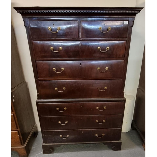 472 - 19th Century mahogany two stage chest on chest, the moulded and dental cornice above an arrangement ... 