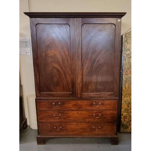 473 - 19th Century mahogany two stage linen press cupboard, the moulded and dental cornice above two blind... 