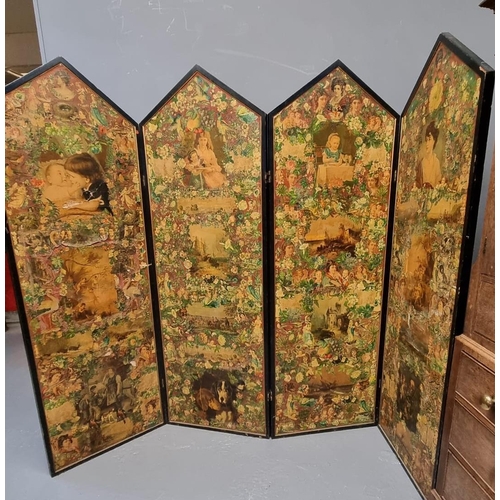 474 - Victorian four fold scrap work screen depicting various subjects including; ecclesiastical figures a... 