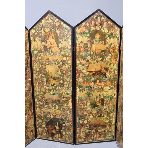 474 - Victorian four fold scrap work screen depicting various subjects including; ecclesiastical figures a... 