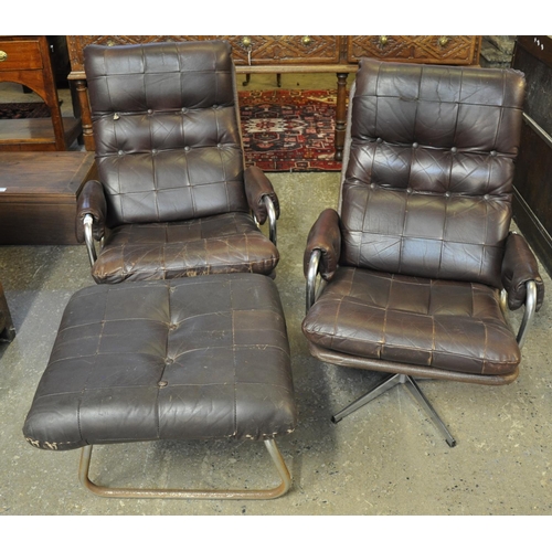 487 - Pair of contemporary brown leather button back office swivel chairs on chrome frames, together with ... 