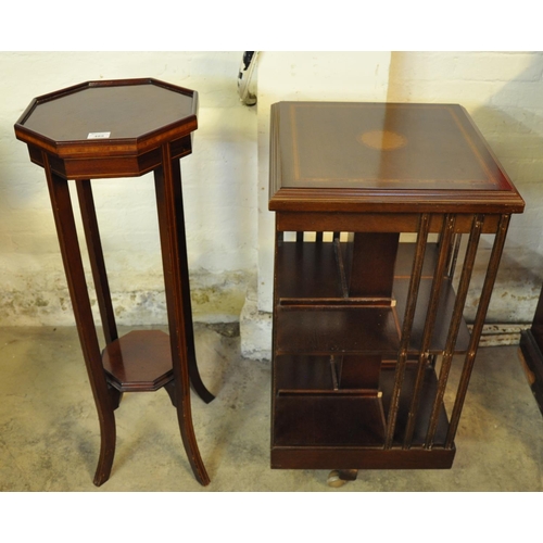 489 - Edwardian mahogany inlaid revolving bookcase of square form, together with an Edwardian mahogany inl... 