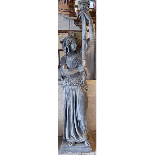 498 - A contemporary Verdigris metal garden statue of a Grecian woman holding a torch on square base. 167c... 