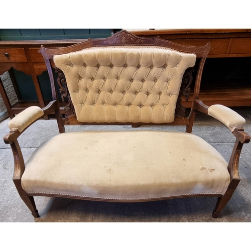 499 - Late Victorian rosewood inlaid parlour sofa, the shaped top above a carved and upholstered button ba... 