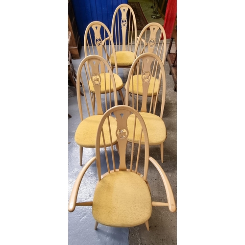 500 - Set of six good quality Ercol elm and beech hoop and spindle back kitchen chairs, the hoop back cent... 