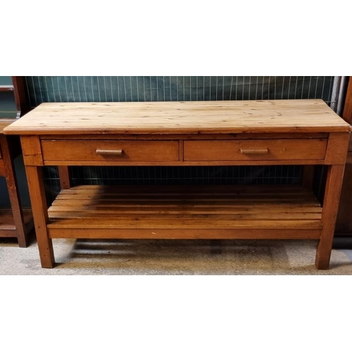 503 - Early 20th Century pine bakery table, the moulded edge top above two frieze drawers with a slatted u... 