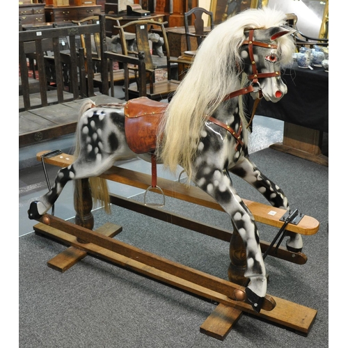 507 - Good modern dapple grey rocking horse on patent swing stand with natural horse hail long mane and ta... 