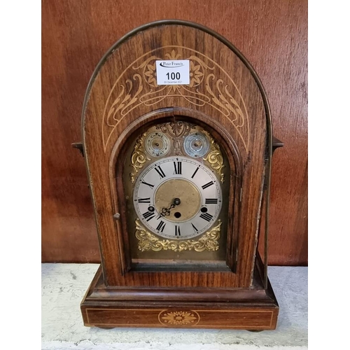 100 - Late 19th/early 20th Century rosewood inlaid three train dome shaped mantel clock having silvered di... 