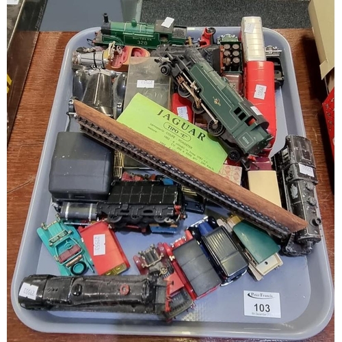 103 - Tray of play worn Diecast model vehicles, vintage cars, locomotives, etc.
(B.P. 21% + VAT)