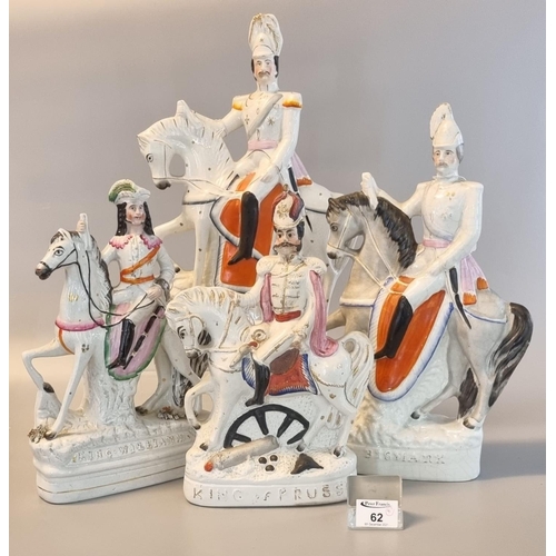 62 - Group of four 19th century Staffordshire pottery equestrian military figures to include 'General Bis... 