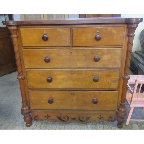 665 - Victorian oak straight front chest of two short and three long drawers with shaped, pierced frieze o... 