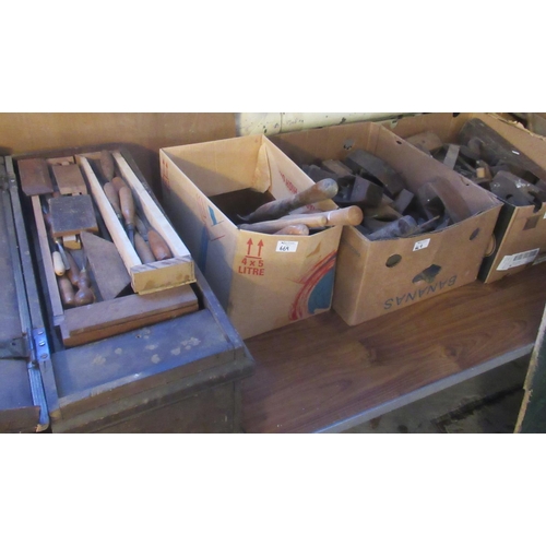 669 - Small stained pine carpenter's toolbox, the interior revealing assorted tools, many marked Marples. ... 