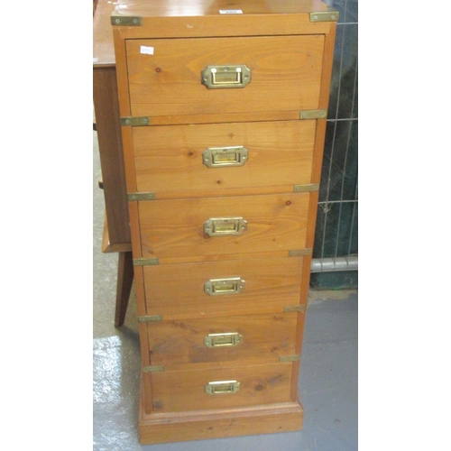 680 - Modern pine straight front chest of six drawers, of narrow proportions with brass mounts and brass c... 