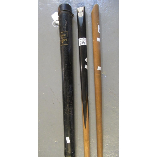 684 - E.J. Riley Ltd makers Accrington 'The Riley Snooker Cue', together with an unmarked snooker cue in p... 