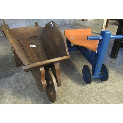 695 - Small child's wooden and painted ride on toy, together with a wooden wheelbarrow. (2)
(B.P. 21% + VA... 