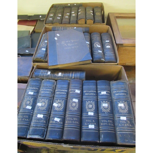 697 - Three boxes of Encyclopaedia Britannica 9th Edition 1858, Morocco leather spines and hardboards, app... 