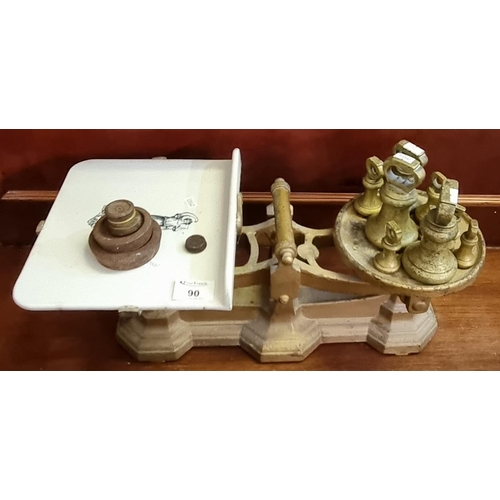 90 - Set of grocer's scales with ceramic platform and an assortment of weights including a graduated set ... 