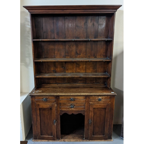 638 - Late 19th/early 20th Century Welsh stained pine pot board dresser with three shelf rack. 132cm wide ... 