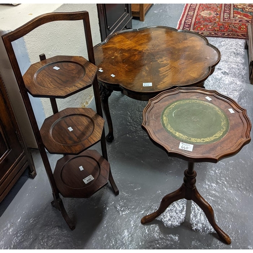 640 - Three items of 20th Century occasional furniture; pedestal wine table, oak folding cake stand and ma... 