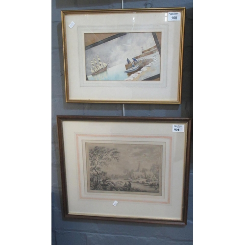 100 - Early 20th Century watercolour seascape with fishermen, together with a black and white coloured etc... 