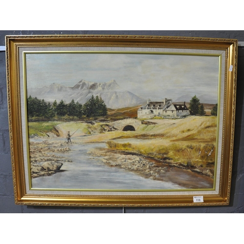 110 - British School (20th Century), Scottish fly fishing scene with distant mountains, oils on board. 52 ... 