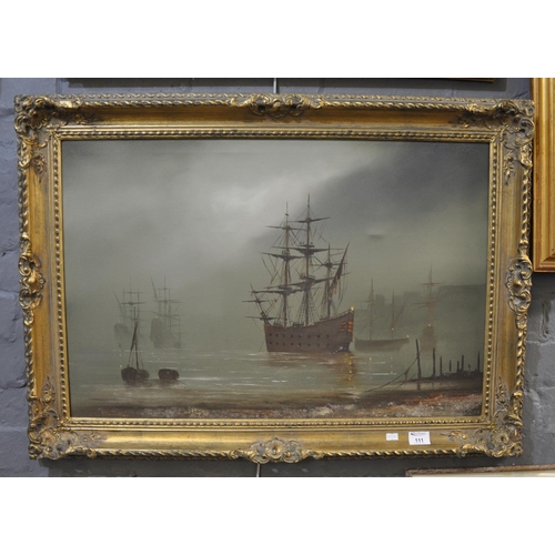 111 - Hilton (British 20th Century), marine scene with 18th Century galleons moored in the mist, signed, o... 