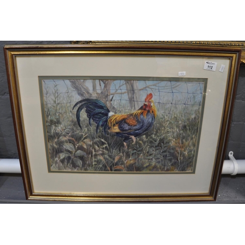 112 - Donna Crawshaw (Welsh 20th Century), 'Ever Alert', study of a cockerel, signed, watercolours. 33 x 5... 