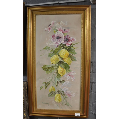 114 - Merring (20th Century British), still life study of fruit and flowers, signed, oils on board. 79 x 3... 