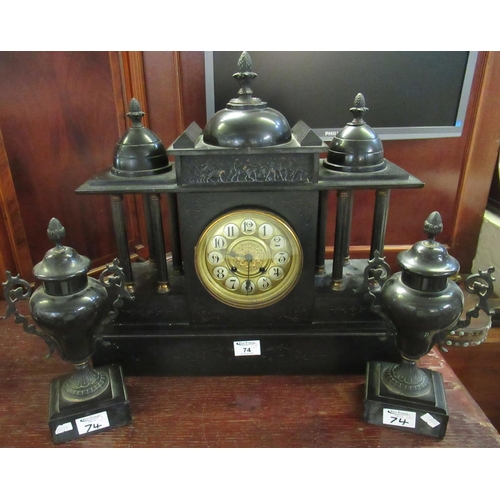 74 - Late 19th Century black slate architectural clock garniture, the clock with three domes, having pine... 