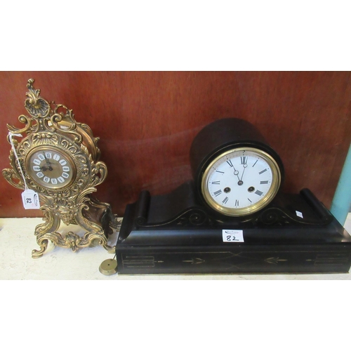 82 - Victorian slate two train drum head mantel clock with white enamel face and Roman numerals, together... 