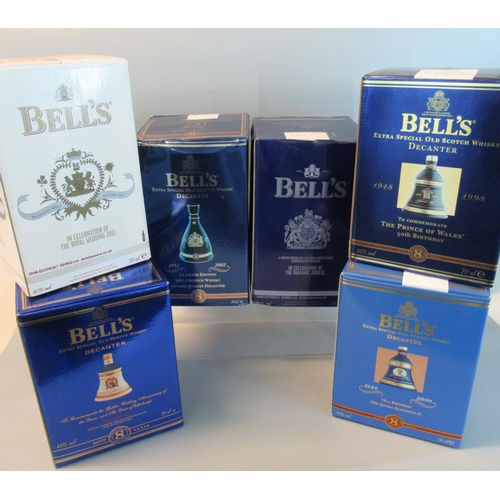 102 - Collection of six Bell's porcelain Scotch whisky decanters, all in original boxes, commemorative to ... 